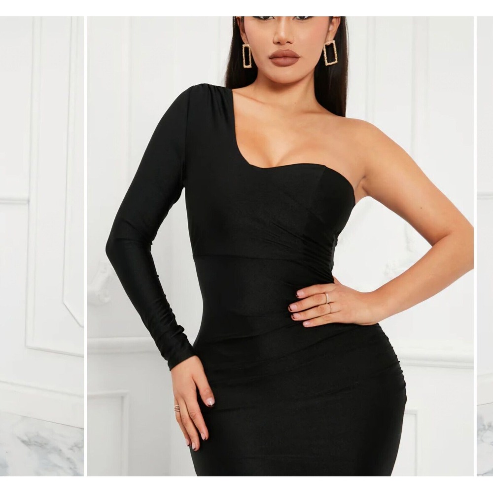 Fashion Nova Womens Sexy One Shoulder forever love maxi dress black size large